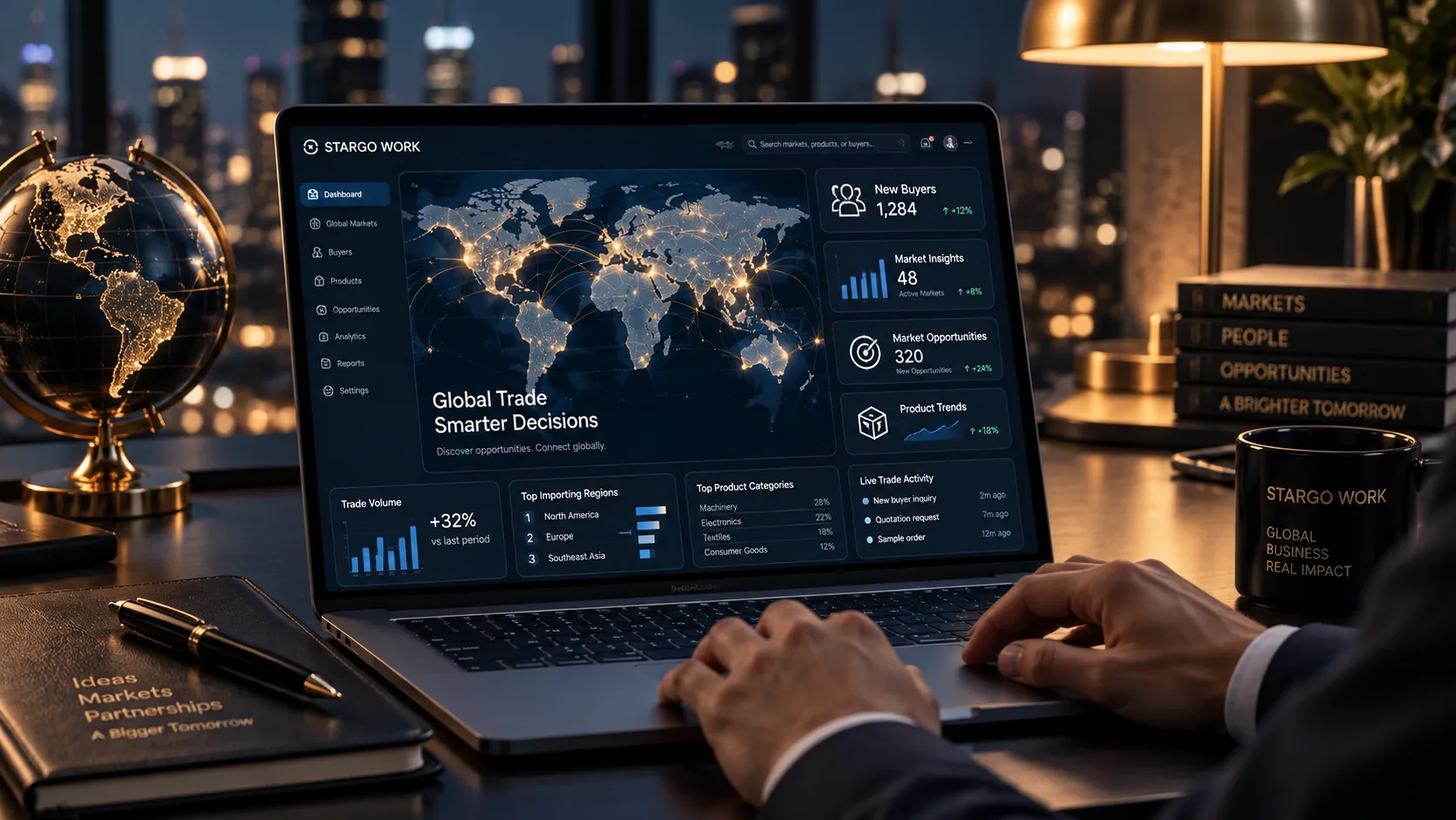 The growth control tower: market signals, prioritized opportunities and the day’s decisions, with questions about the same account beside them — Illustrative product interface · demo data